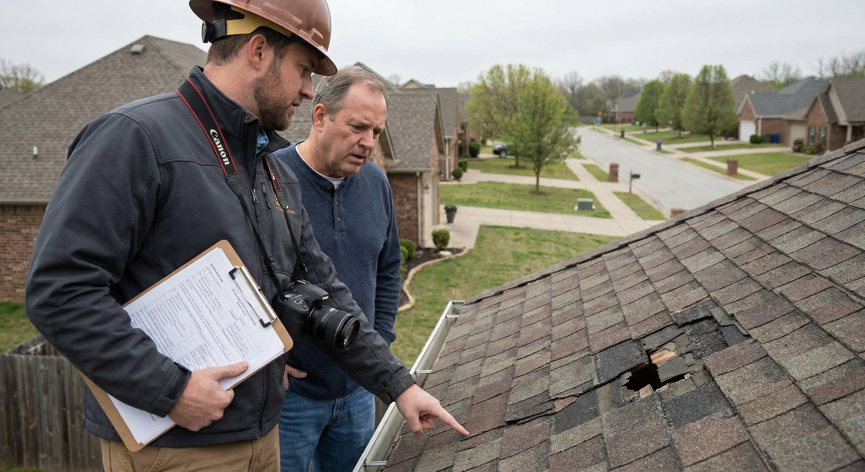 Bentonville Storm Damage team meeting with homeowner